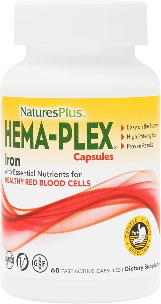 NaturresPlus Hema- Plex Iron - 60 Fast-Acting Kapsul - 3 Pack - 85 mg Chlated Iron + Vitamin C & Bioflavonoid for Heally Red Blood Cells - Vegan, Gluten Free - 90 Total Servings