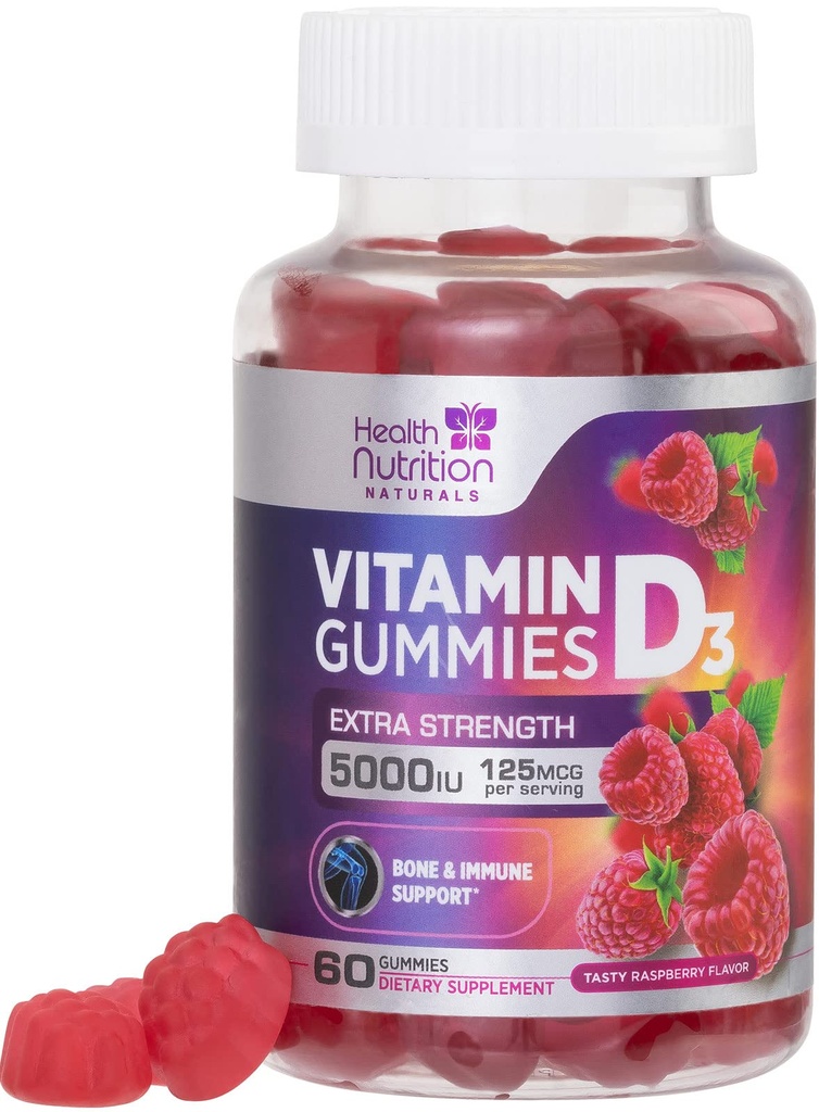 Vitamin D3 Gummies 5.000 IU (125 mcg) - Pendukung Tulang Triple dan Immune, Vitamin D Gummy Suplemen Diet, Diet Alam Berry D Vitamin Suplemen, Raspberry Flavored, Tidak-GMO 60