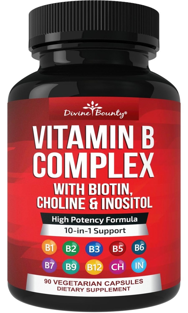 Kompleks Super B Divine - Semua B Vitamin termasuk B12, B1, B2, B3, B5, B6, B9, B9, Akid Folic - Vitamin B Tambahan - Dukung Metabolisme Energi Healthy - 90 Vegetarian