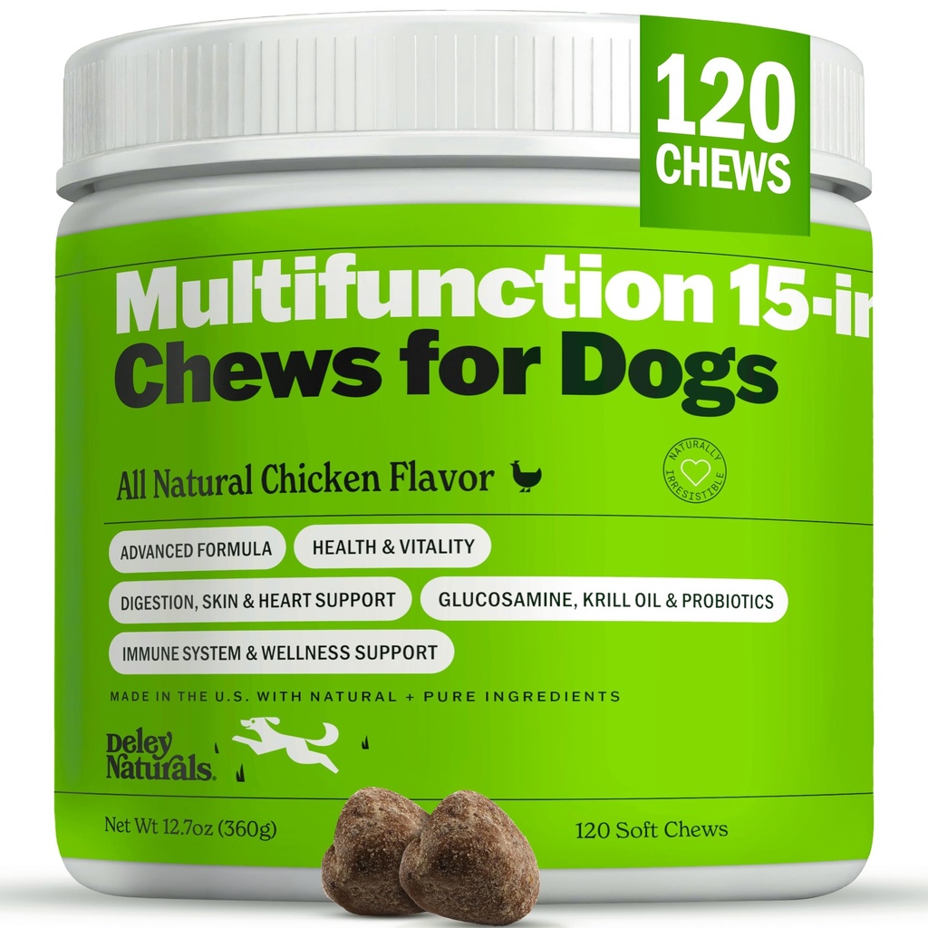 15 miligram Deley dalam 1 Multivitamin for Dogs - Persediaan Vitamin dan Suplemen Anjing Lengkap untuk Dukungan Imune, Gabungan, Skin, Divalry, Heart & Overall Kesehatan - Suplemen Multifungsi Harian - 120 Chews