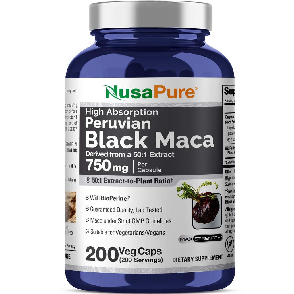 NusaPure Black Maca Root 50: 1 Ekstrak, 750 mg Equiliate untuk 37.500 mg 200 Veggie Per Caps (Vegan, Non- GMO)