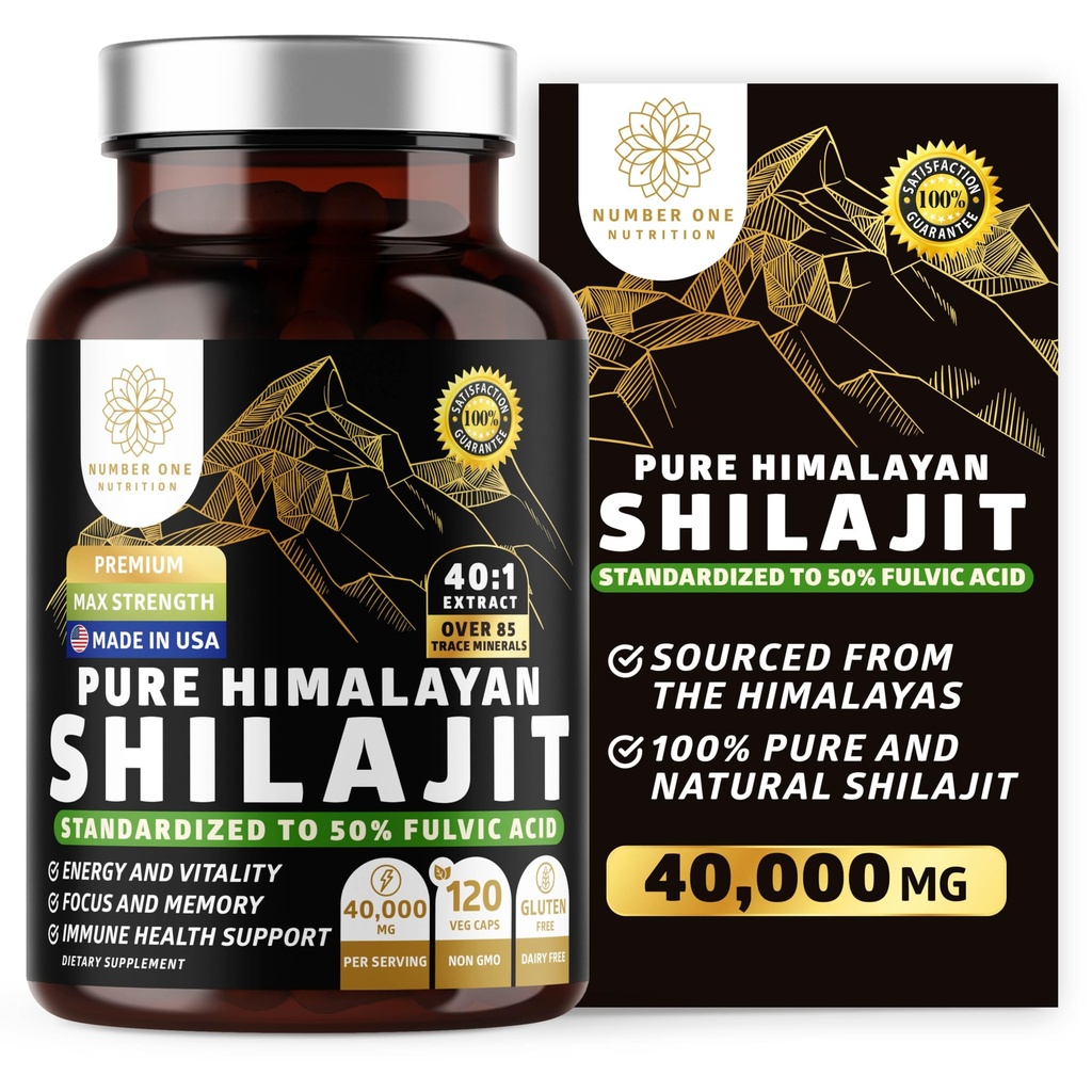 Prasarana Himalaya Shilajit untuk Pria dan Perempuan, [40,000MG, Max Kekuatan] Berisi 50% Acid Fulvic dengan lebih dari 85 Trace Mineral untuk Mendukung Energi, Otak dan Kekebasan, 120 Veg Caps
