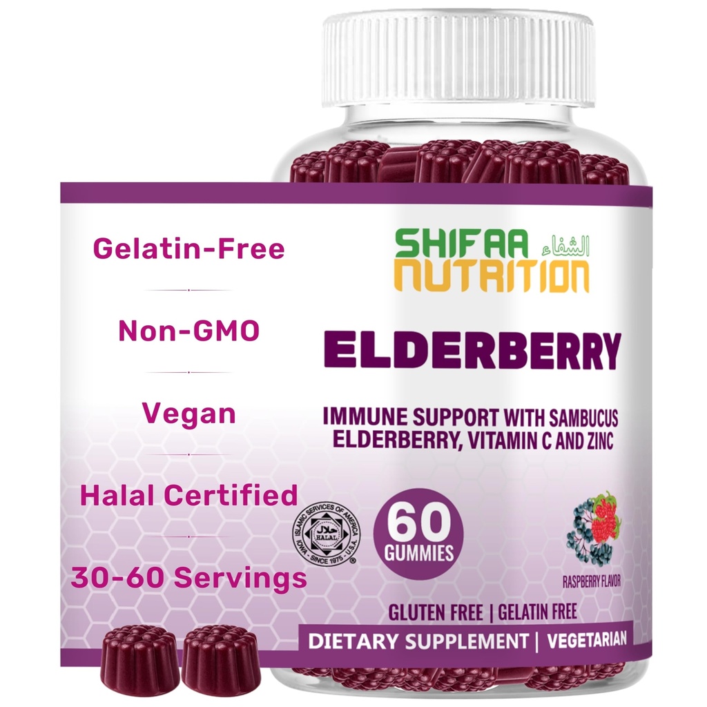 SHIFAA NUTRITITION Vegan Black Sambucus Elderberry Gummies = 124; None-GMO 124; 60 Gummies, 30 Serving w / 100mg Elderberry, 90mg Vitamin C, 7.5mg Zinc 124; Dukungan imun, Antioksidant Flavonoid Halal Vitamin