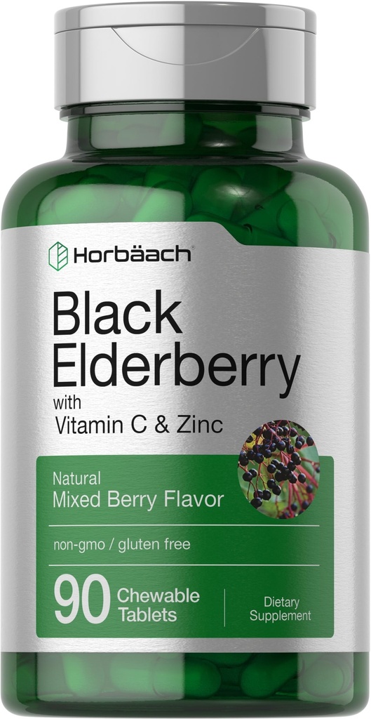 Horbaach Black Elderberry dengan Vitamin C dan Zinc 124; 90 Tablet Chewable; 124; mixed Berry Flavor 124; Imune Dukungan Kompleks 124; Vegetarian, Non-GMO, dan Gluten Free Suplemen