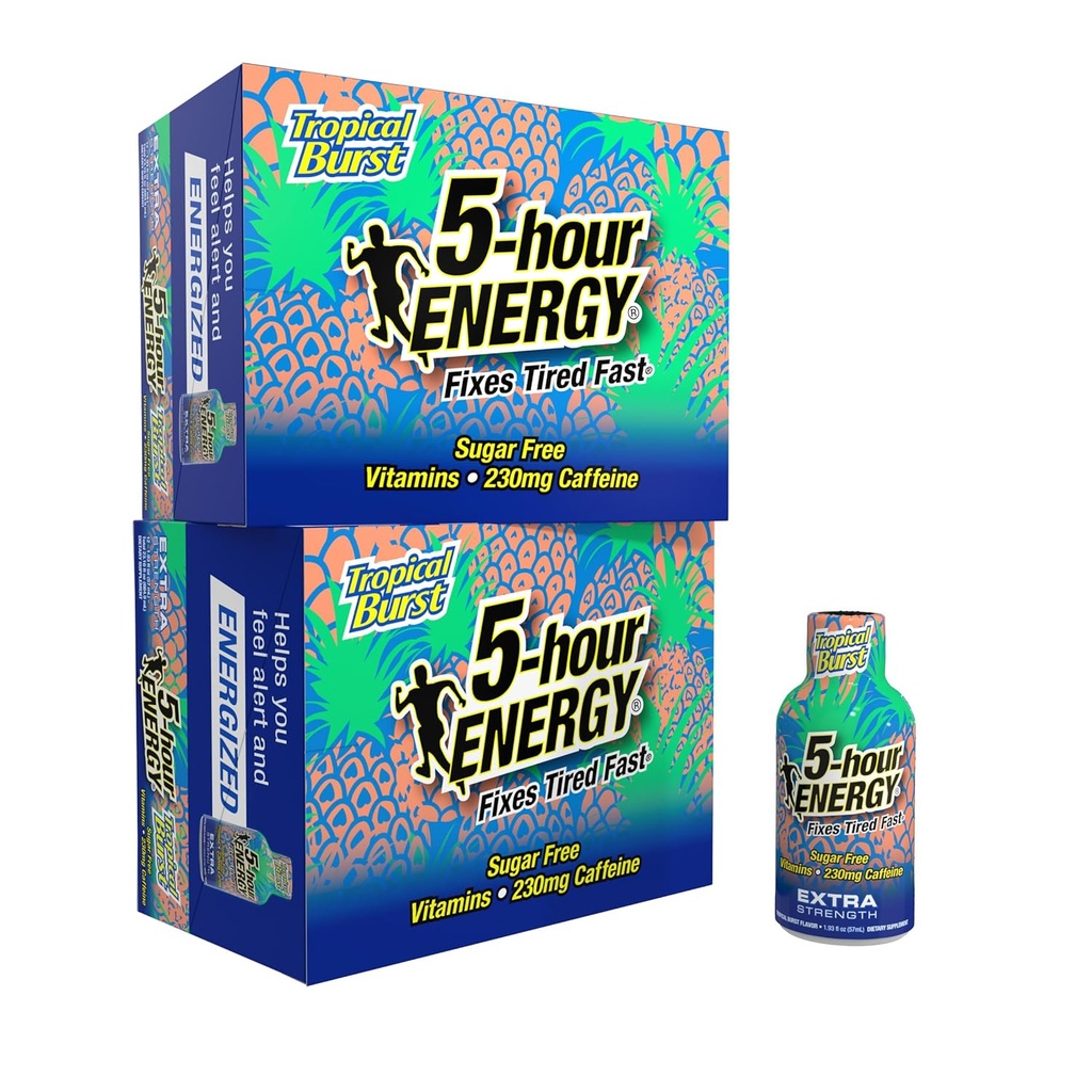 5-hour ENERGY Ekstra Energi Shot, Tropical Burst Flavor (1.93 oz., 24 Count) Zero Calories & Sugar-Free 230 mg Caffeinated Shot, Amino Acids & B Vitamin, Dietary Suplemen