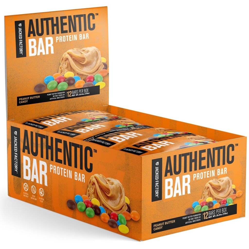 Jacked Factory Bar Auttic Peanut Butter Candy Bars - Tasty Meal Replacement Energy Bars w / 16g Whey Protein Isolate, Natural Sugars from Pure Honey, Heally Fat - 12 Pack