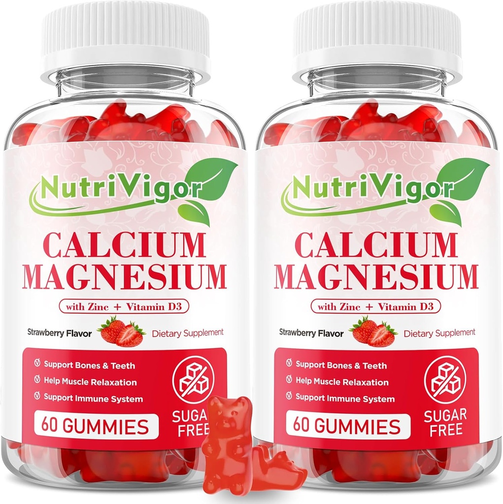 Kalsium Magnesium Zinc Gummies dengan absorpsi Tinggi Magnesium 300mg, Tambahan Kalsium dengan D3 untuk Bone, Muscles & Imune Dukungan untuk Anak-anak & Dewasa, Strawberry Flavor, 120 Count
