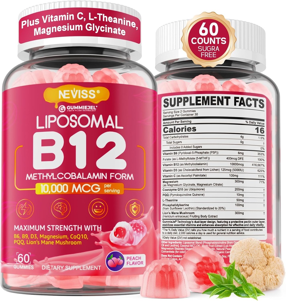 Metil B12 Gummies 5000 mcg / 10.000 mcg w / L-Methylfolat, B6, Lion 's Mane Mushroom, CoQ10, PQQ, Magnesium Glycinate, Extra Kekuatan Liposomal Vitamin B12 Complex, Fokus, Otak & kekebalan 1Pack