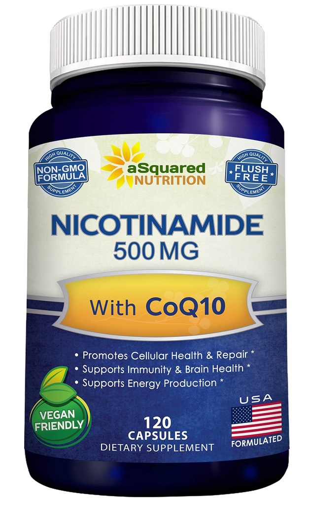 Nicotinamide dengan CoQ10 (120 Kapsul) - Vitamin B3 500mg (Niacinamide Flush Free) - Koenzim Q10 Powder - VIT B-3 & Coq Tambahan Pil untuk Mendukung Energi, NAD, & Skin Cell Health