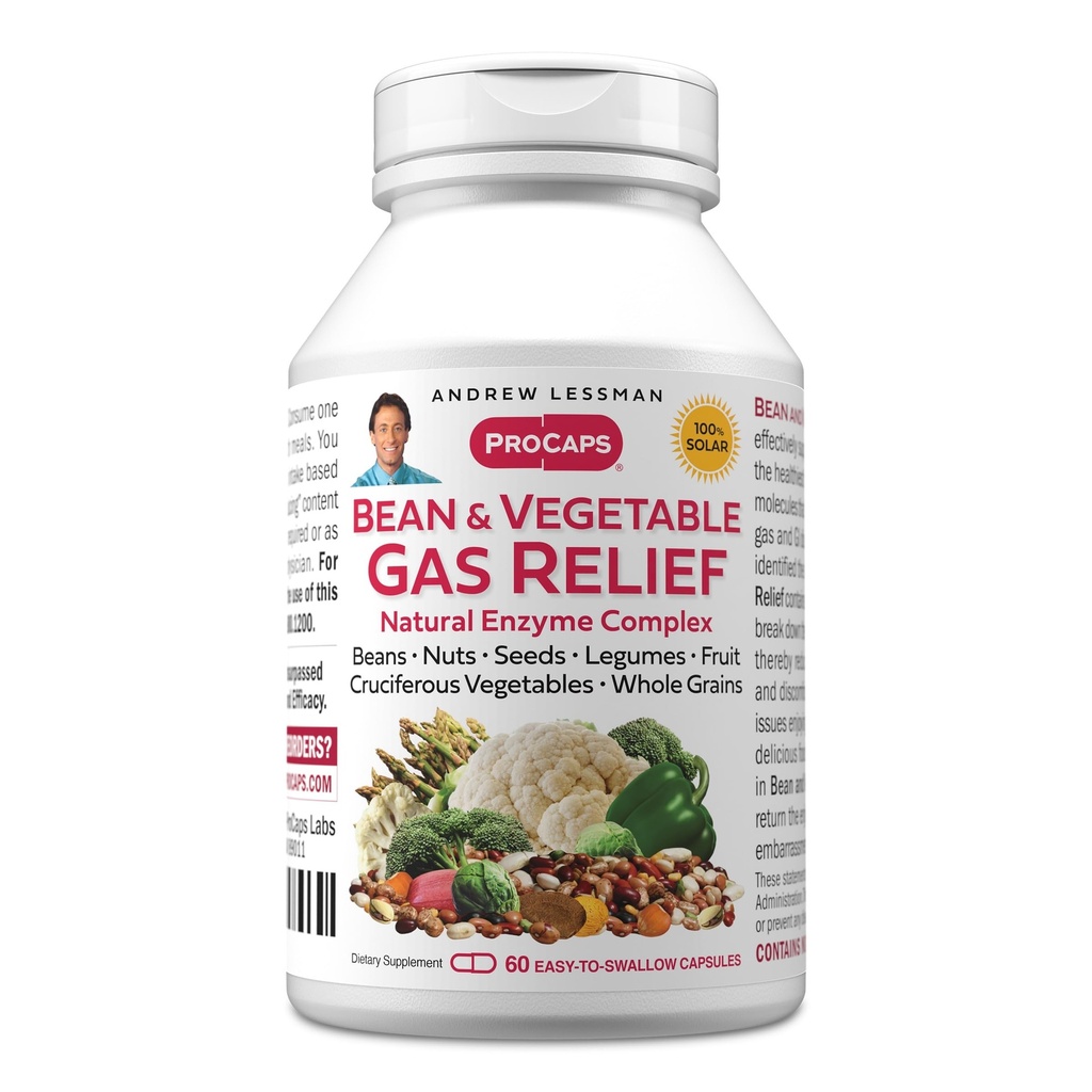 ANDREW LESSMAN Bean dan Vegetable Gas Relief 60 Capsules - Natural Enzyme Reduces Gas, Bloating from Beans, Cruciferous Vegetables, Buah, Grains dan Foods lainnya. Lembut dan Efektif