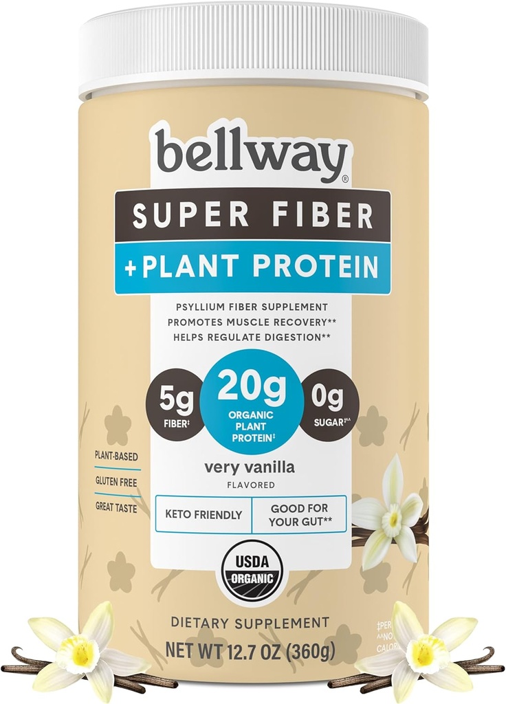 Bellway Super Fiber + Protein Powder, Sugar- Free Organic Psyllium Husk Fiber Powder dengan 20g Plant Protein Per Serving, Very Vanilla, 12.7 oz