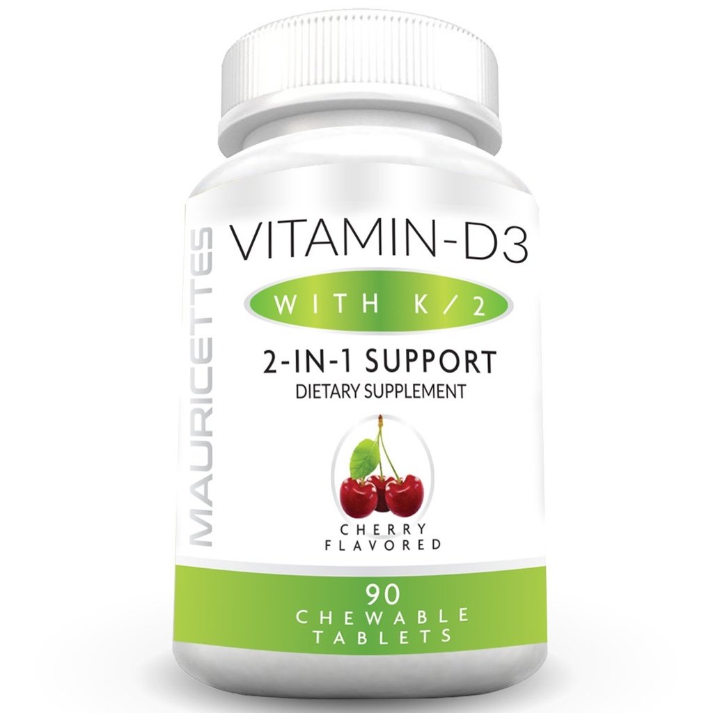 Mauricettes Chewable Vitamin D3 dengan K2 - 2 - 2 - 1 Bone & Heart Health Support - Ammune Booster - Natural Cherry Flavor - 90 Tablet untuk Dewasa & Anak