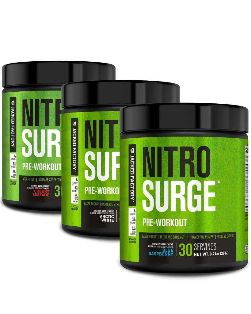 Jacked Factory NITROSURGE Pre Workout Supplement - Endless Energy, Instant Power Gains, Clear Focus, Intense Pompa 124; Cherry Limeade, Blue Raspberry, Arktik White (90 Servings)