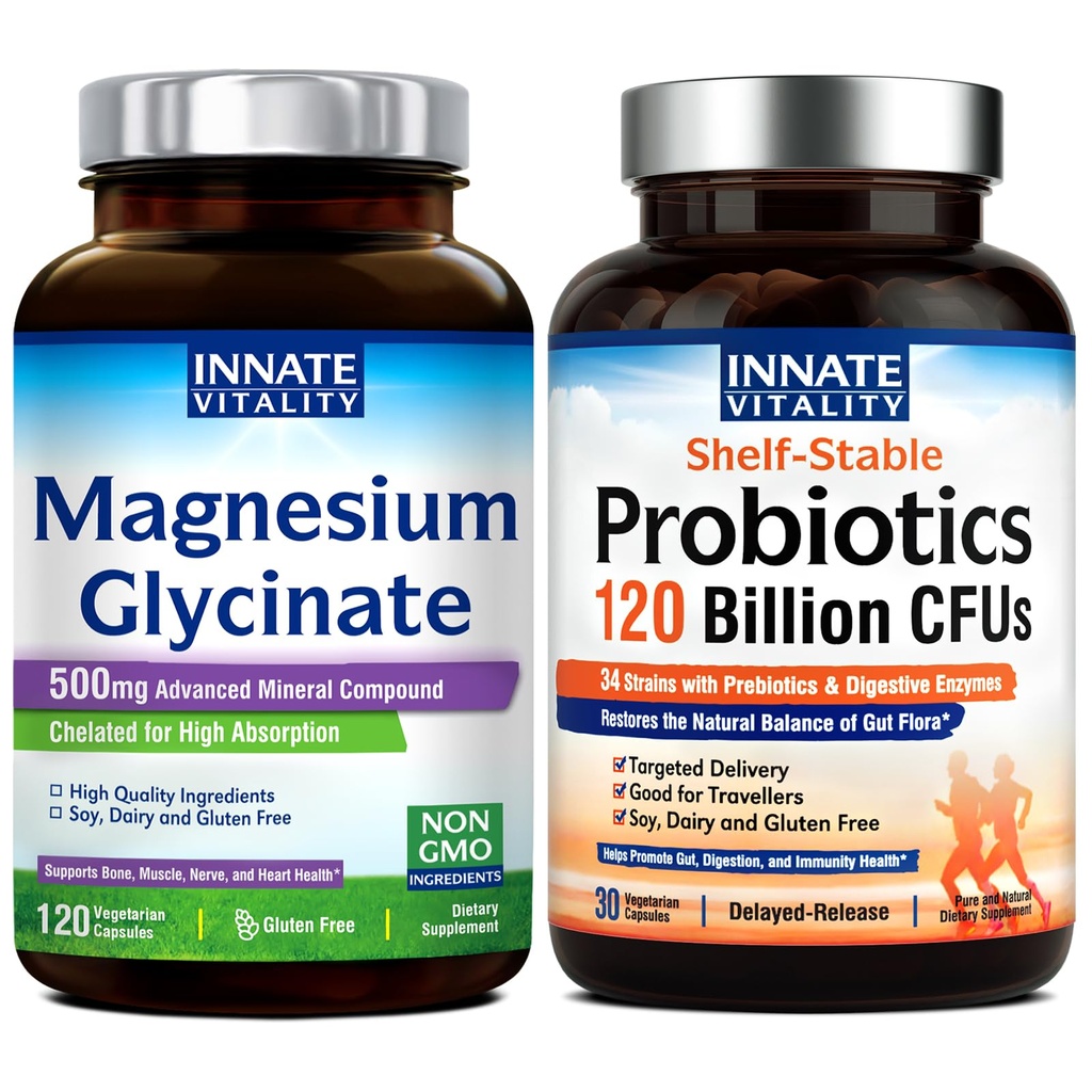 Innate Vitalitas Magnesium Glycinate & Progories 120 Billion Bundle, Non- GMO, No Gluten Dairy Soy & Vegan, Magnesium (120 Caps) & Probiotic (30 Caps)