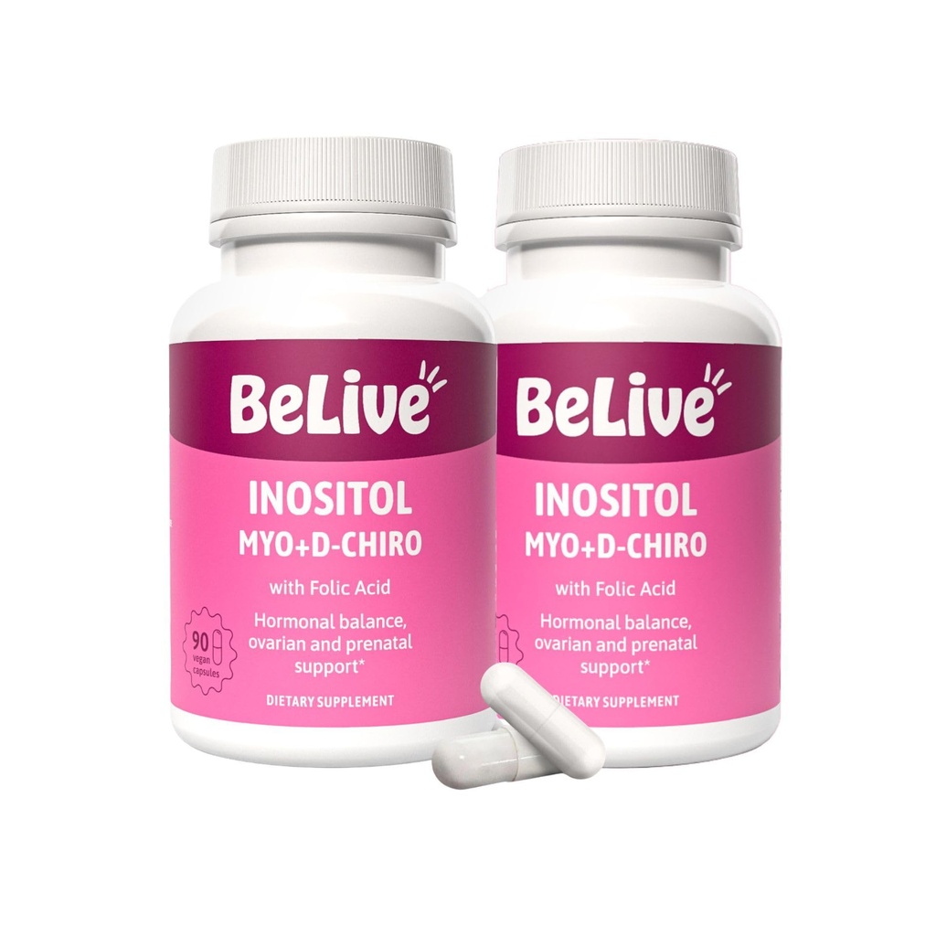 BeLive Myo- Inositol & D-Chiro Inositol Suplement - 2 Pack - 90 Capsules Masing-masing - 40: 1 Rasio dengan Acid Folic untuk Perempuan