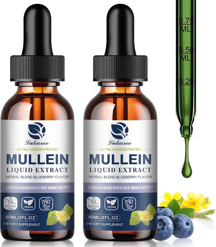 Mulein Drops for Lungs, Lung Detox & Cleanse, Vegan Mullein Extract Taincture dengan Chlorofil Elderberry, dll, Suplemen Serba Alami untuk Repiratory, Imune, 60
