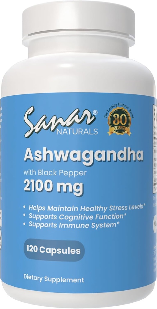 Sanar Averal Ashwagandha 2.100 mg - Stress & Mood Dukungan Suplemen - Promotes Fokus dan Substained Energy, Ashwaganda Powder dan Root Extract Blend with Black Pepper - Non-GMO, 120 Capsules