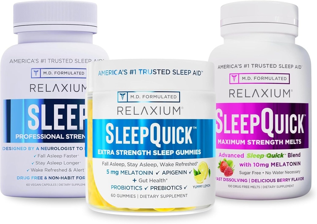 Relaxium Sleep 124; 60 Capsule + Sleep Quick Melts + Gummies (Family Pack Sleep Bundle)