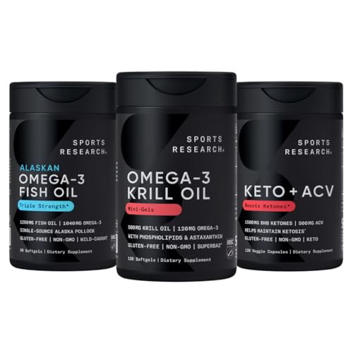 Penelitian Olahraga Triple Power Omega-3 Minyak Ikan, Antartika Krill Minyak + Phospholipids, Cholin & Astaxanthin Minor Softgels, Keto Plus ACV 500mg dari Apple Cider Vinegar & 1500mg goBHB Exogenous Ketones