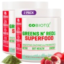 GOBIOTIX Super Greens and Reds Powder - Red and Green Superfood - Probiotic Suplement - Digetical Enzymes and Beet Root Pouder - Organic Whole Foods Diet Supplemen (Pom Raspberry, 2 Pack)