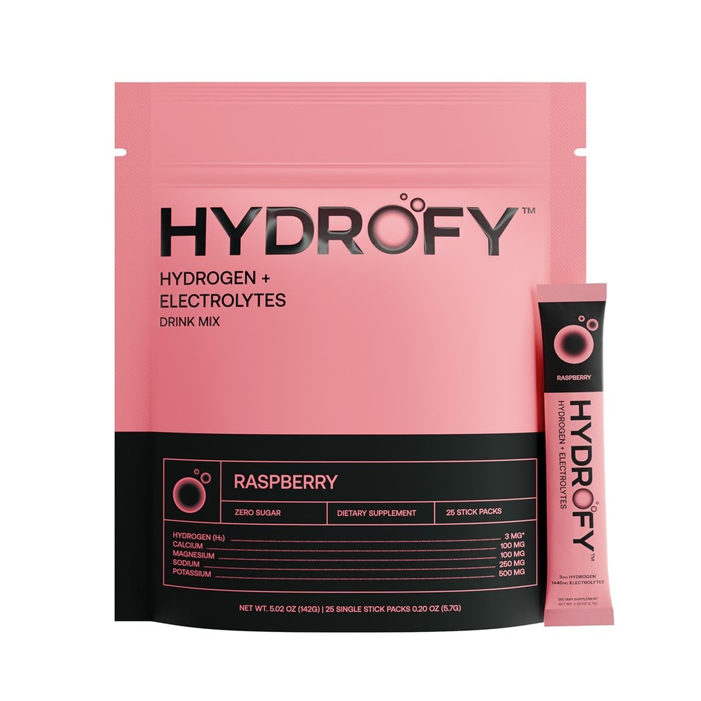 Hidrofy Hydrogen Water + Electrolytes Minum Mix 124; H2 Paket Hidration dengan Molekular Hydrogen, Sodium, Potasium, Magnesium, Kalsium, dan Mineral 124; Tidak Ada Gula 124; Raspberry 25 Ct