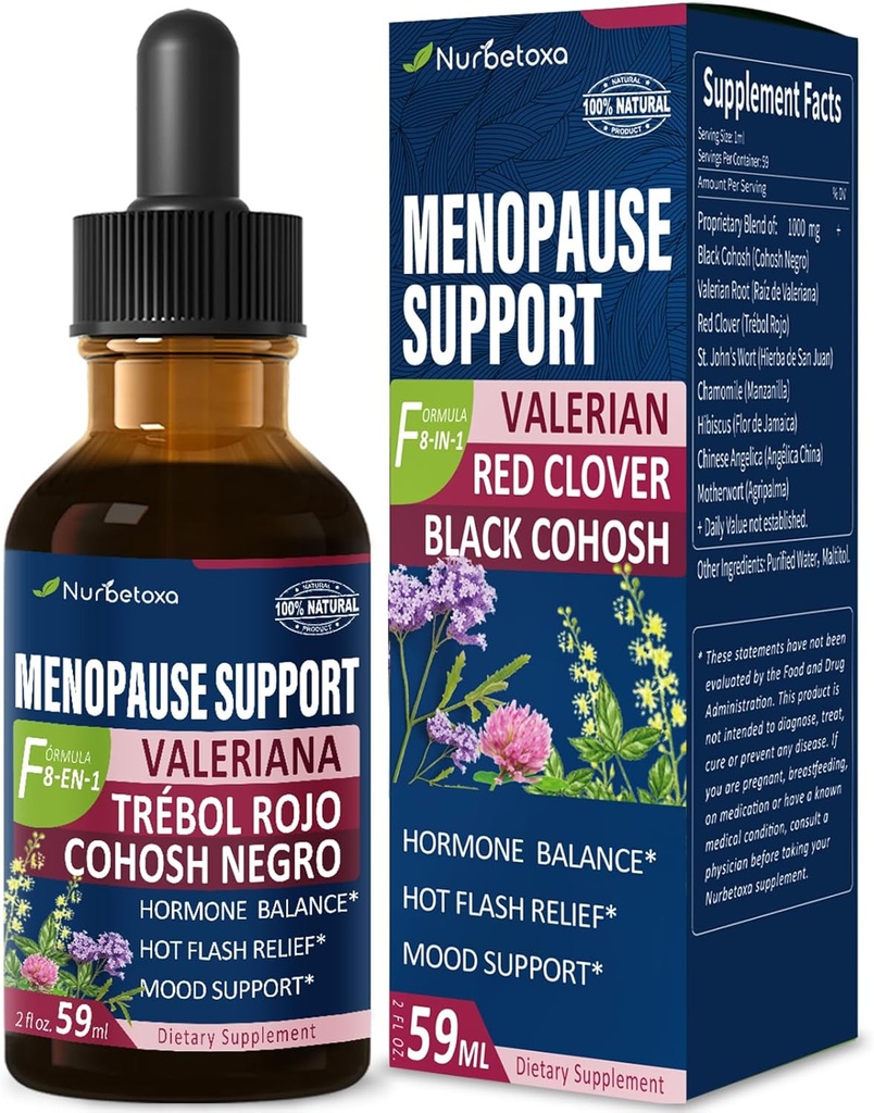 Black Cohosh Menopause Dukungan Drops, Phytoestrogen Suplemen W / Red Clover, Motherwort & St. John 's Welt Extract for Hot Flashes, Night Sweats & Comfort. Cimicifuga para Menopausia. 2oz