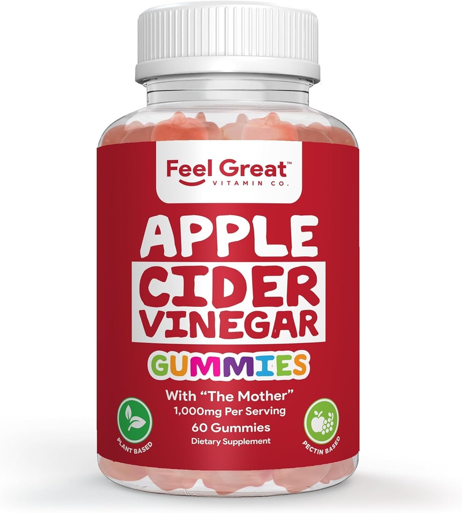 Feel Great Vitamin Apple Cider Vinegar Gummies - ACV with The Mother for Digetical Dull & Daily Wellness - Vegan, Non-GMO, 60 Gummies