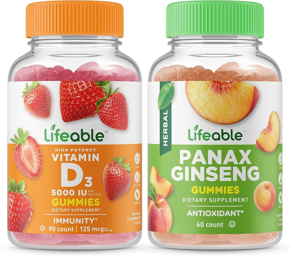 Lifeable Vitamin D 5000 IU + Panax Ginseng, Gummies Bundle - Tasting Besar, Vitamin Suplemen, Gluten Bebas, GMO Bebas, Gummy Chewable