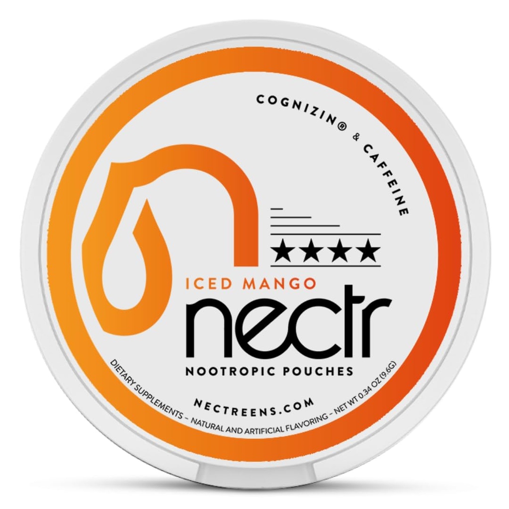 Nectr Energy Nootropic Pouches - Iced Mango Flavored, Caffeine Pouches dengan Cognizin ® Citicoline. Sugar- Free Brain Treats. Lembut, Terus Fokus & Energi Suplemen - 1 Puck dari 16pcs