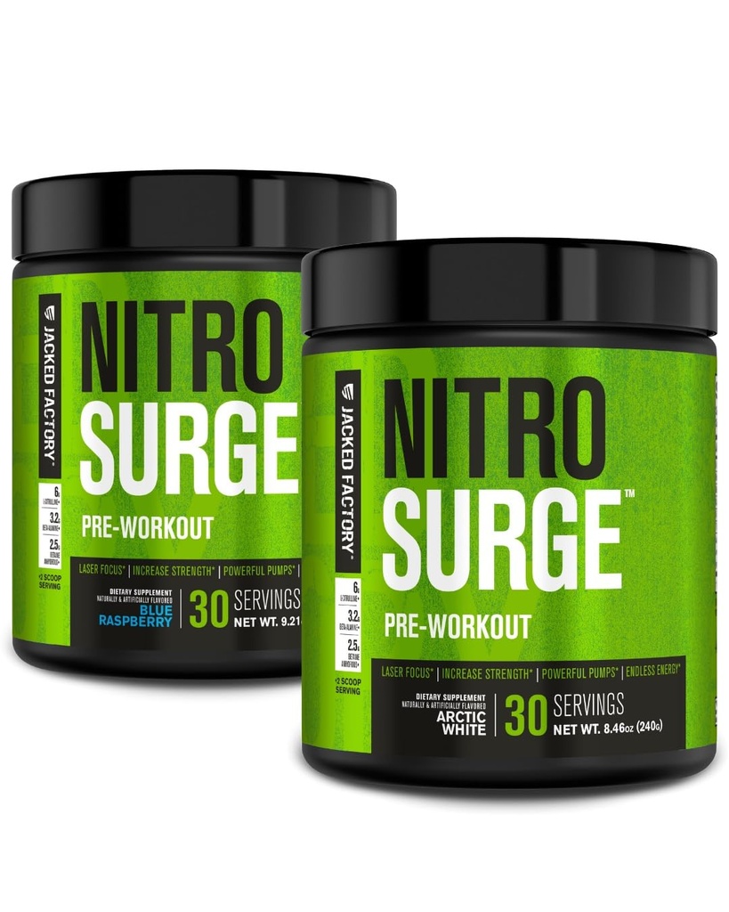 Jacked Factory NITROSURGE Pre Workout Supplement for Energy, Instant Power Gains, Clear Focus, & Intense Pumps (Blue Raspberry, 30 Servings & Arktik White, 30 Servings)