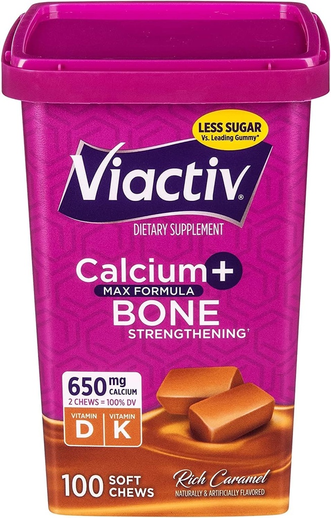 Viactiv Max Formula Kalsium + Vitamin D3 Tambahan untuk Bone Health, Karamel Kaya, 100 Soft Chews - 6 Pack