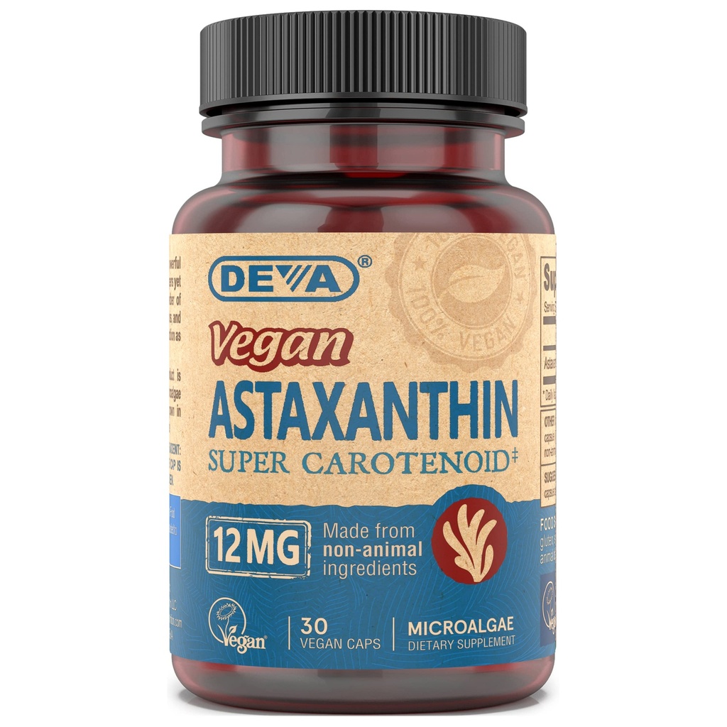 Vitamin Nuklir DEVA Astaxanthin 12mg, Vegan, Dibuat dari Haematococcus Pluvialgae Microgae, 30 Capsules, 1-Pack