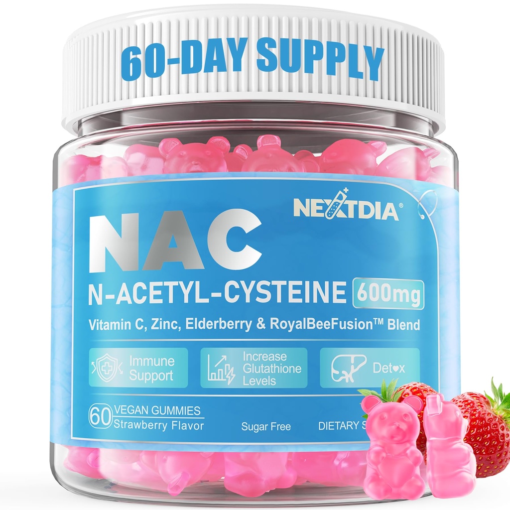 Nextdia NAC Gummies for Kids & Dewas, Chewable N-Acetyl Cysteine Suplement 600mg 100mg w / Vitamin C, Zinc, Elderberry for Antioksidants & Imune Support, Lung & Liver Health, Sugar Free, 120 Ct