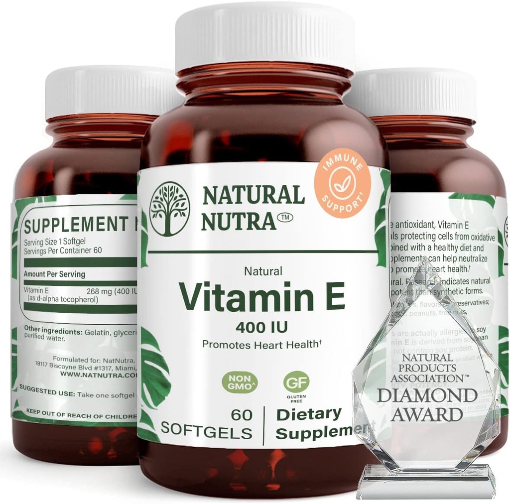 Natural Nutra Vitamin E 400 IU Suplemen, Nutrients Health Enrich, Promotes Skin Health, Enhance Hair & Nails, Supports Body Fat Level, Helling Heart Health & Protects & Protect Texture, 60 Soft geels