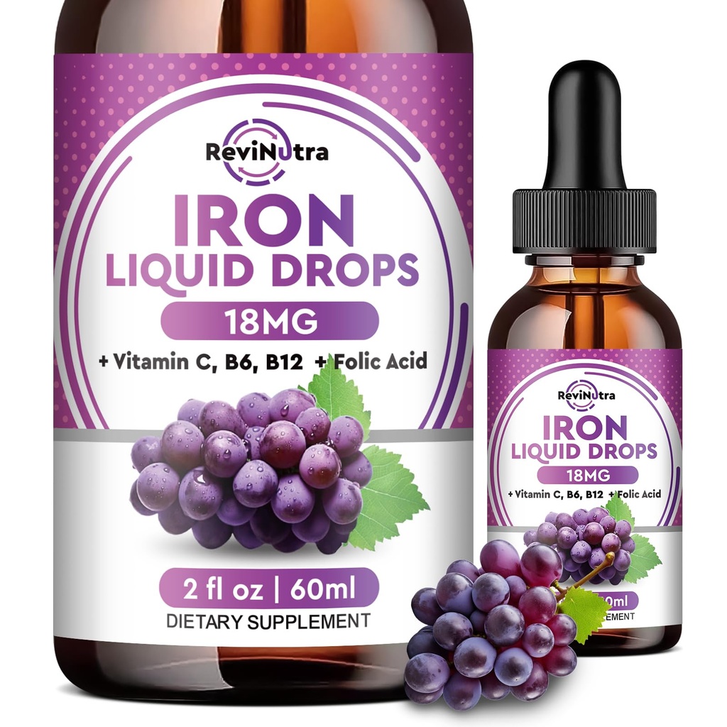 Tambahan Besi Liquid untuk Perempuan, Pria & Kids - Liquid Iron Drops dengan Floid, Vitamin C, B6, B12 untuk Anemia, Red Blood Cell, Dukungan Energi - Grape Flavor, 2 Fl Oz