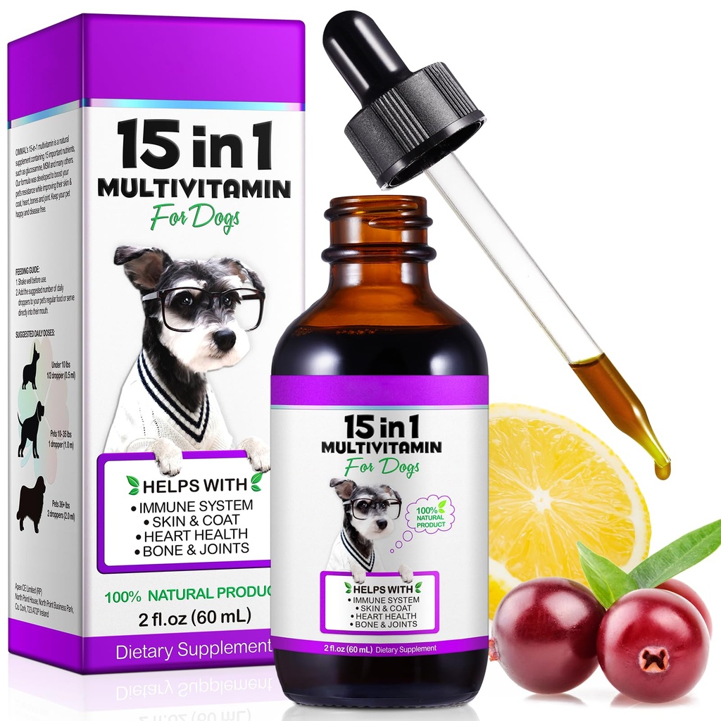 Dog Multivitamin, 15 dalam 1 Dog Multivitamin Liquid Supplemen Drops, Dog Vitamin for Heart Health, Bones, Gabungan, Skin & Coat, Bladder, Immune System Dukung 60ml