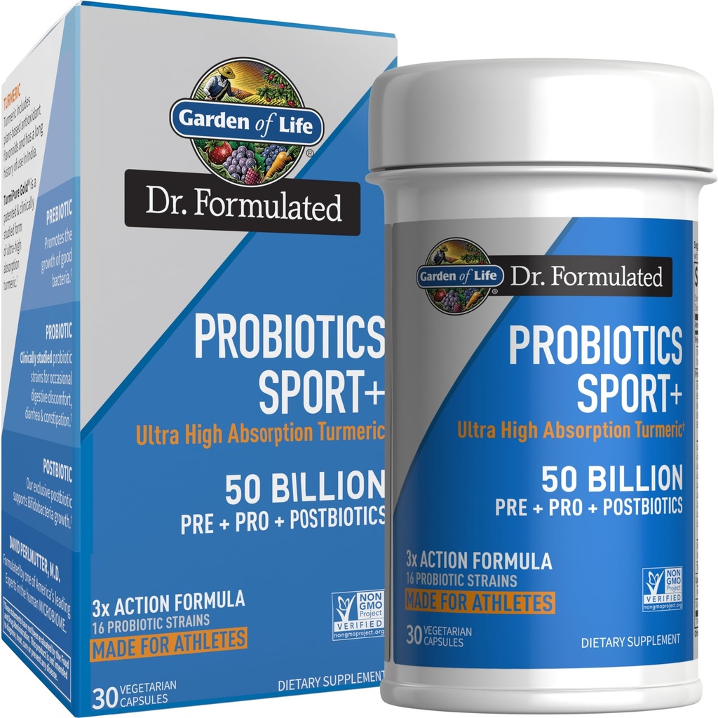 Garden of Life Dr Formulated Sport Programtic Digetical Suplement, Progetical Pregities for Women & Men Athletes, Clinical Studied Turmeric Curcumin, 50 Million CFU, Gut Health, Acialhanilus, 30ct