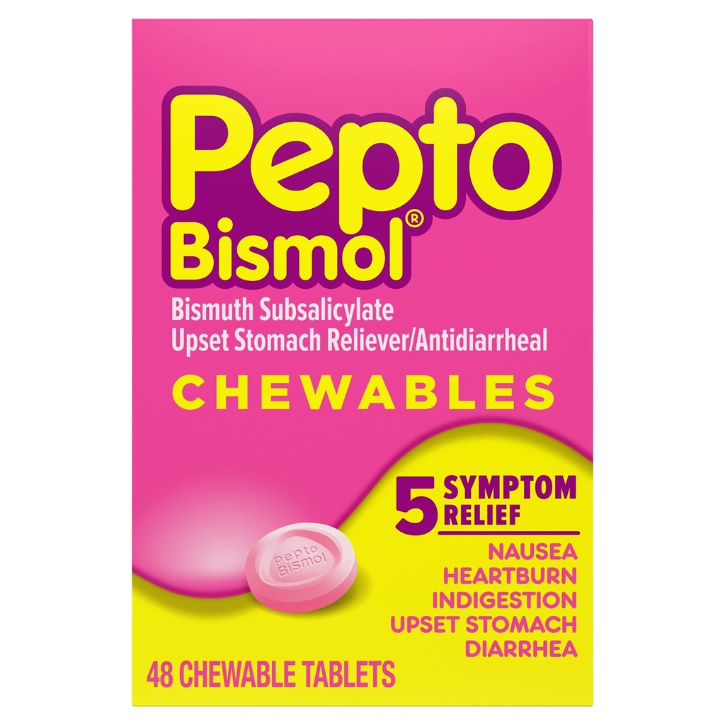 Pepto Bismol Chewable Tablet untuk Nausea, Heartburn, Intervention, Upset Stomach, and Diare - 5 Symptom Fast Relief, Original Flavor, 48 ct
