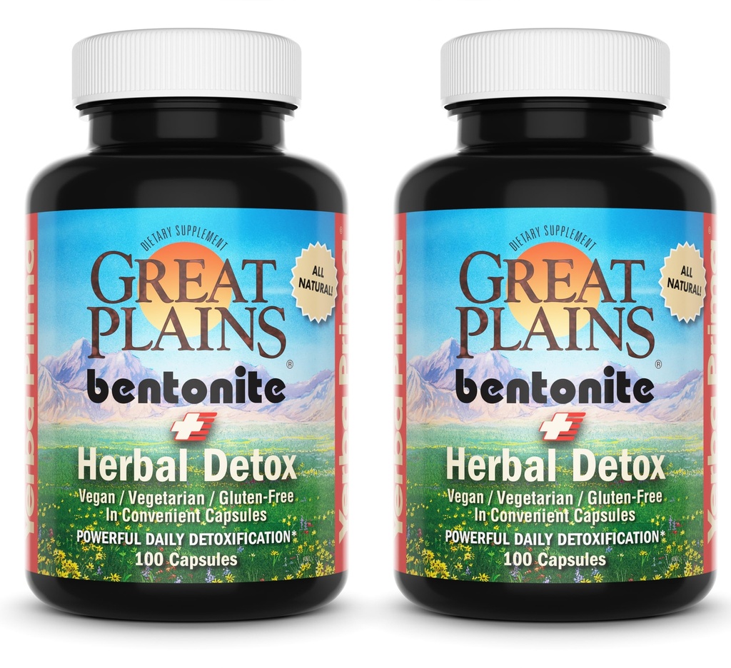 Yerba Prima Great Plains Bentonite Clay Caps Plus Herbal Detox (Pack of 2) - Food Grade - Liver & Colon Cleanse Suplemen Capsules