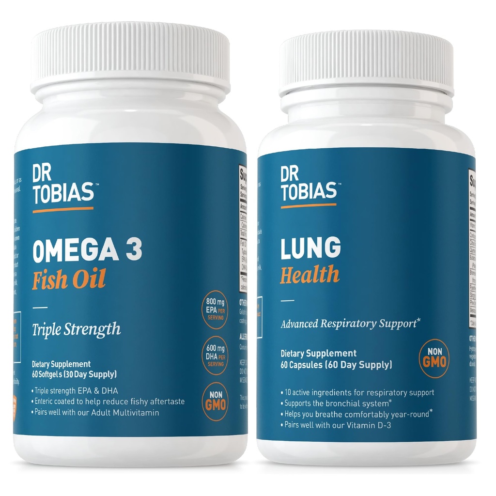 Dr. Tobias Omega 3 Fish Oil & Lung Health Suplemen Jantung, Otak & Imune Dukungan, Lung Cleanse & Detox Formula untuk Bronchial & Respiratory System, 60 Kapsul