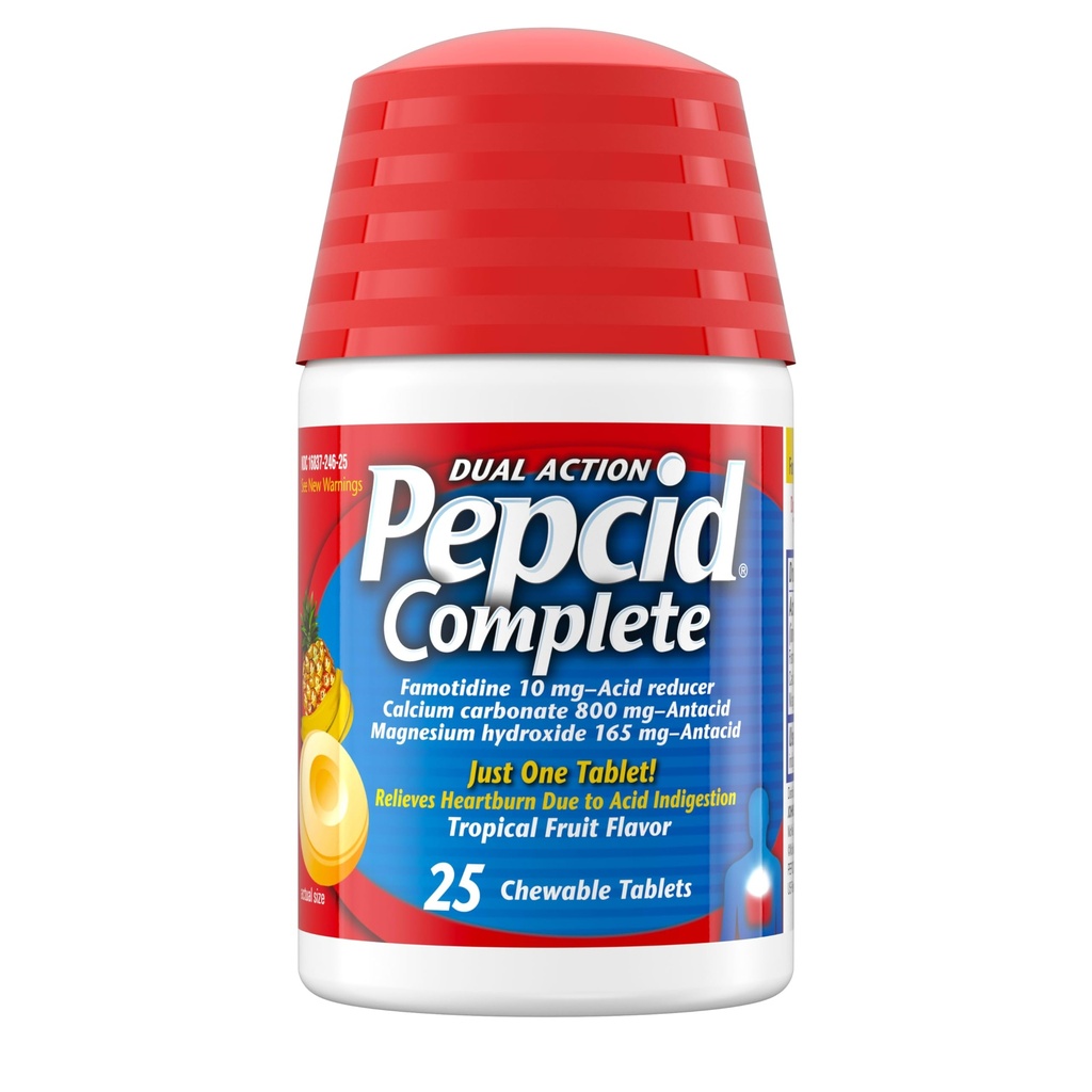 Pepcid Acid Complete Reducer + Antax for Acid Reflux, 10mg Fomotidine, 800mg Calcium Carbonate & 165mg Magnesium Hydroxide per Heartburn Tablet, Antax Chews, Tropical Fruit, 25 ct