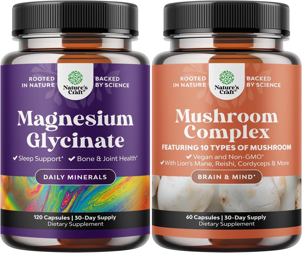 Bundle of Magnesium Glycinate Capsules Mineral dan Nootropic Brain Computer Mushroom - Ammune Dukung Bone Health Mood Dukung - 10X Mashroom Blend for Sugar Saldo and Mental Focus