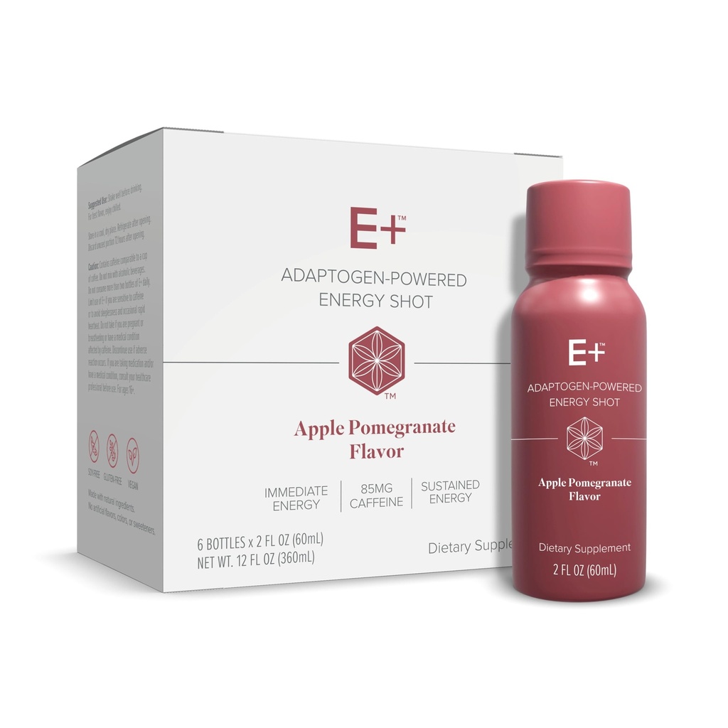 Isagenix E + - Liquid Energy Shot with Plant-Based Caffeine & Adaptogenic Botanical Blend - Durance with Flavored Energy Shot - Apple Poculate - 2 Oz Bottles (6 Pack)
