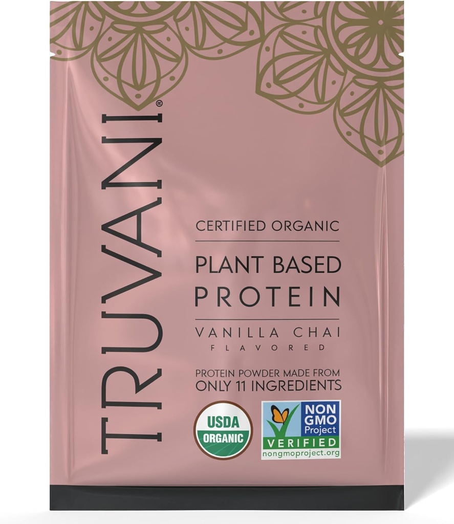 Truvani Vegan Pea Protein Powder 124; Vanilla Chai 124; 20g Tanaman Organik berbasis Protein 124; 1 Serving 124; Keto 124; Gluten & Dairy Free 124; Low Carb 124; No Added Sugar