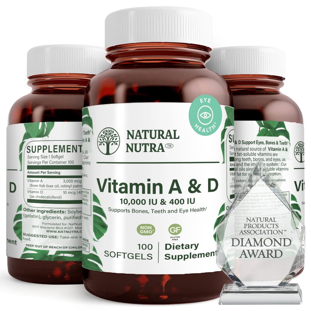 Natural Nutra Vitamin A dan D, Mendukung Kesehatan Bone & Enhance Eye, Memroses Gigi Kuat, Meningkatkan Vitalitas, Sumber dari Cod Liver Oil, Supports Overall Health, 10000IU / 4000IU, 100 Softgeels