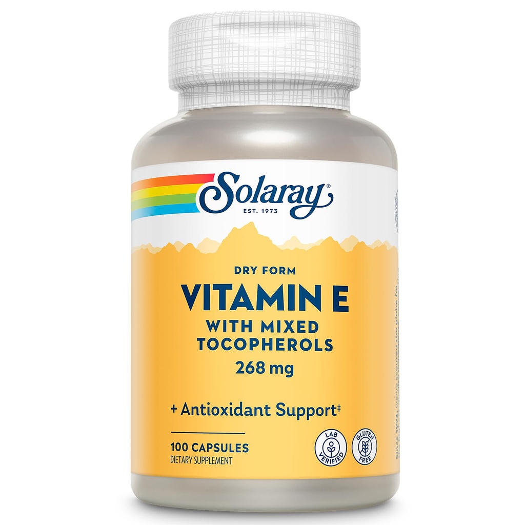 SOLARAY Vitamin E 400 IU (268mg), Dry Form - Natural Source, MixTocopherols Vitamin E - Antioksidant Suplemen, PMS dan Menopause Dukungan - 60-Day, Lab Verifikasi - 100 Serv, 100 Capsules