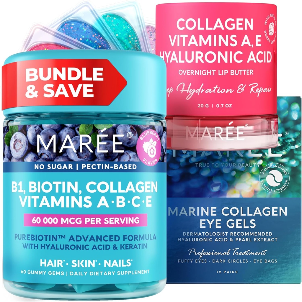 MAREE Bundle - Vitamin B1 Thiamine Gummies, Lip Mask, Under Eye Gels - A, E, D, C Vitamin - Collagen & Hyaluronic Acid - Kompleks untuk Skin, Nails, Hair - Mask for Dry Lips - Gels for Puffy Eyes