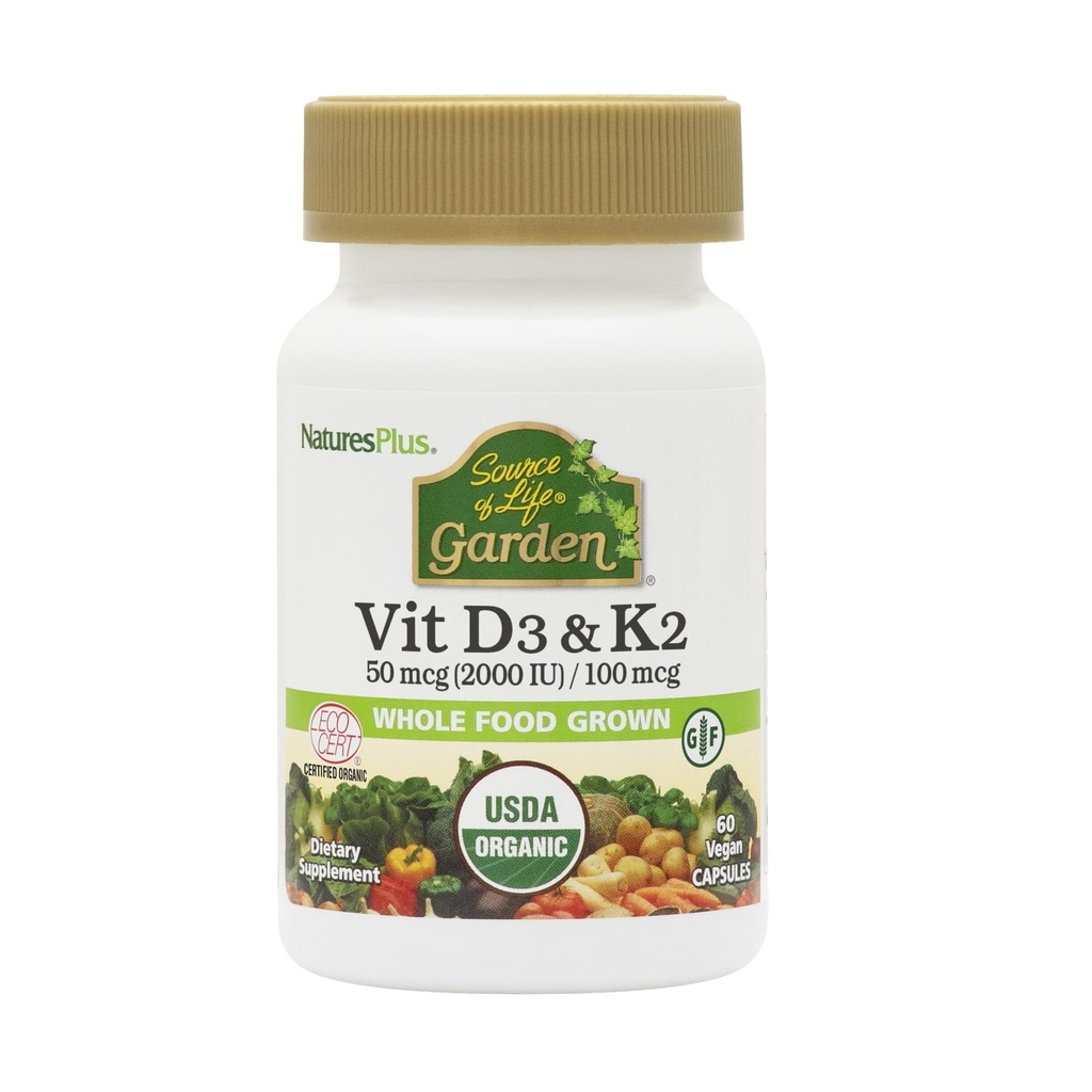 Natures Plus Source of Life Garden D3 & K2-60 Vegan Capsules - Promotes Bone Duck, Immune Fungsi, Kesehatan Kardiovaskular & Mood Keseimbangan - Vegan, Gluten Free - 60 Servings