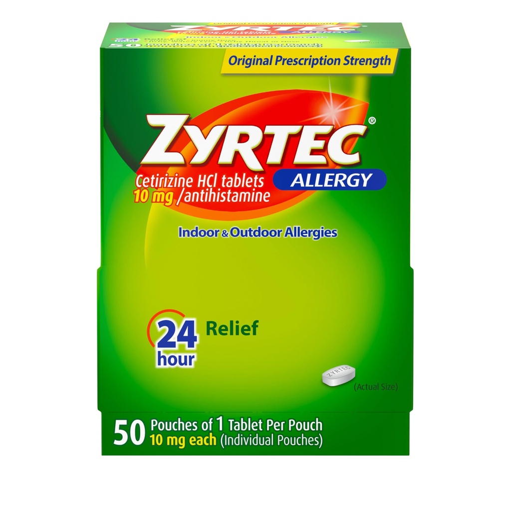 Zyrtec 24 Hour Allergy Relief Tablet, Individually Wrapped Indoor and Outdoor Allergy Medicine dengan 10 mg Cetirizine HCI per Antihistamin Tablet, 1 Tablet Per Pack, 50 ct Dispensit Pack