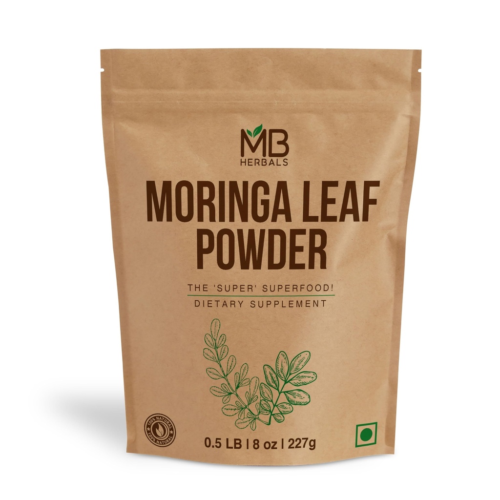 MB Herbals Moringa Leaf Powder 8 oz (227g / 0.5 LB) adalah 124; 100% Powder Moringa murni 124; Mixes Easily dalam Minuman & Smoothies 126; Tidak ada Pengawet